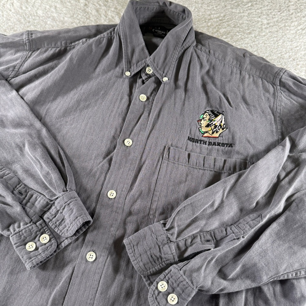 Vintage Fighting Sioux Button Up Long Sleeve Shirt Gray XL Cotton‎ Hockey UND